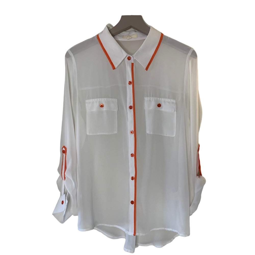 Sheer White/Orange Details long Sleeve/Roll up 3 Quarter Button Down Blouse